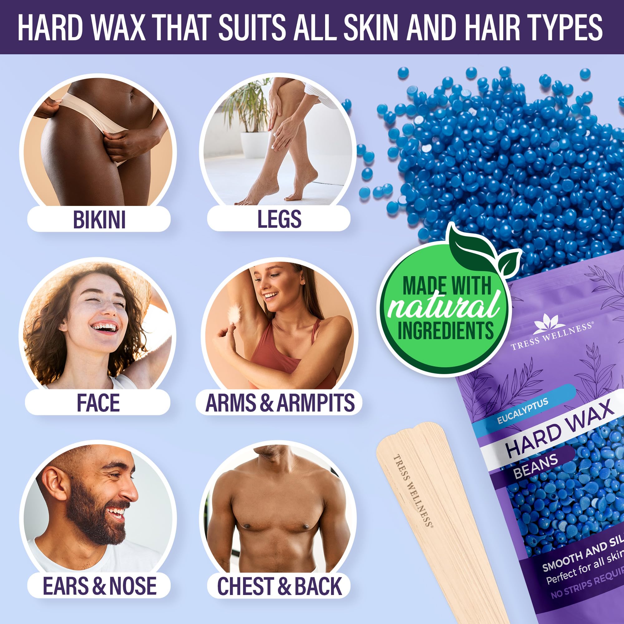 Tress Wellness Waxing Kit for Sensitive Skin, Safe for Face & Skin, Prep & Aftercare Spray, Easy to Use wax pot