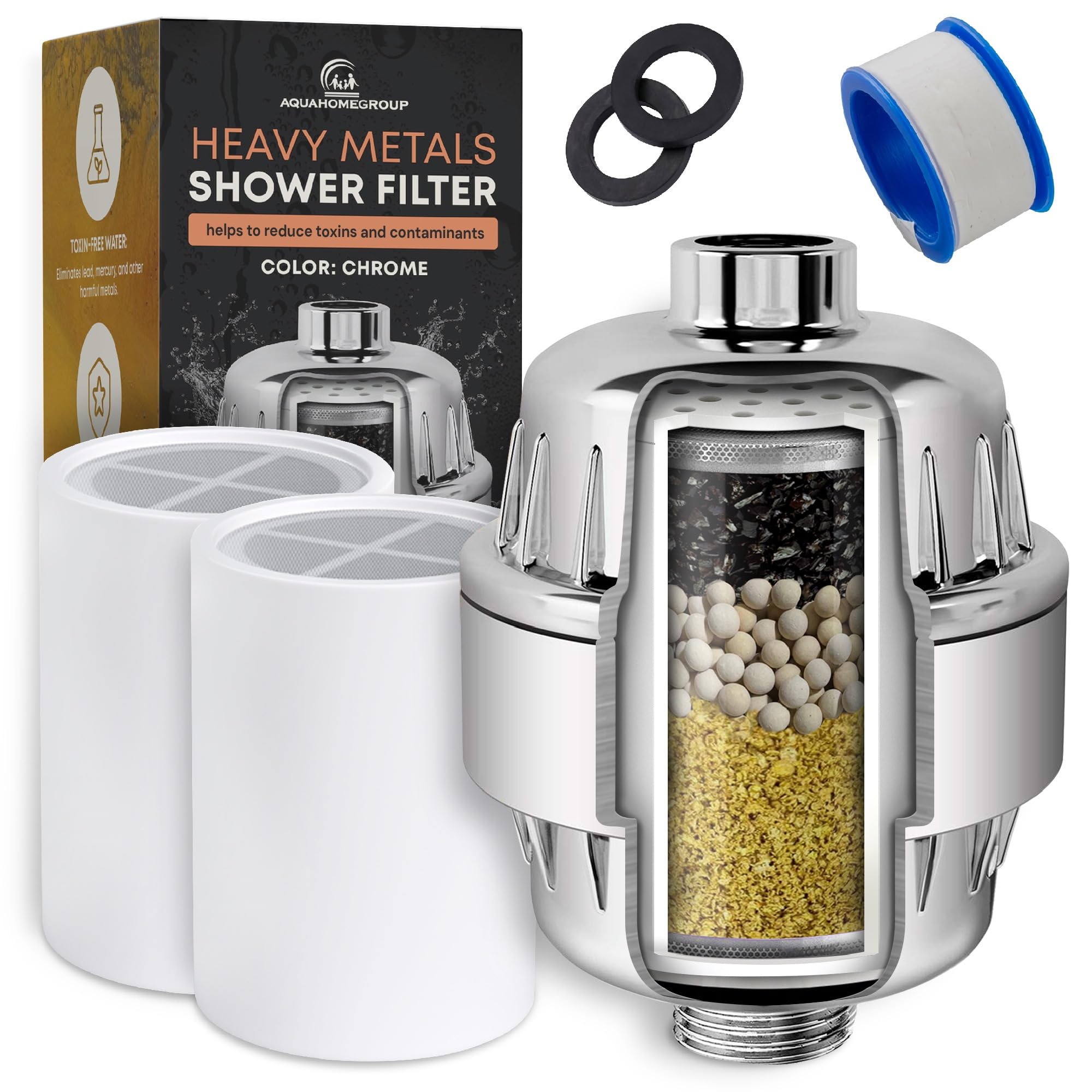 AquaHomeGroup Heavy Metals Shower Filter (2 Cartridges Included) – Reduces Impurities – 4-Stage High-Pressure Filtration with KDF 55, Zeolite & Activated Carbon – Universal Fit