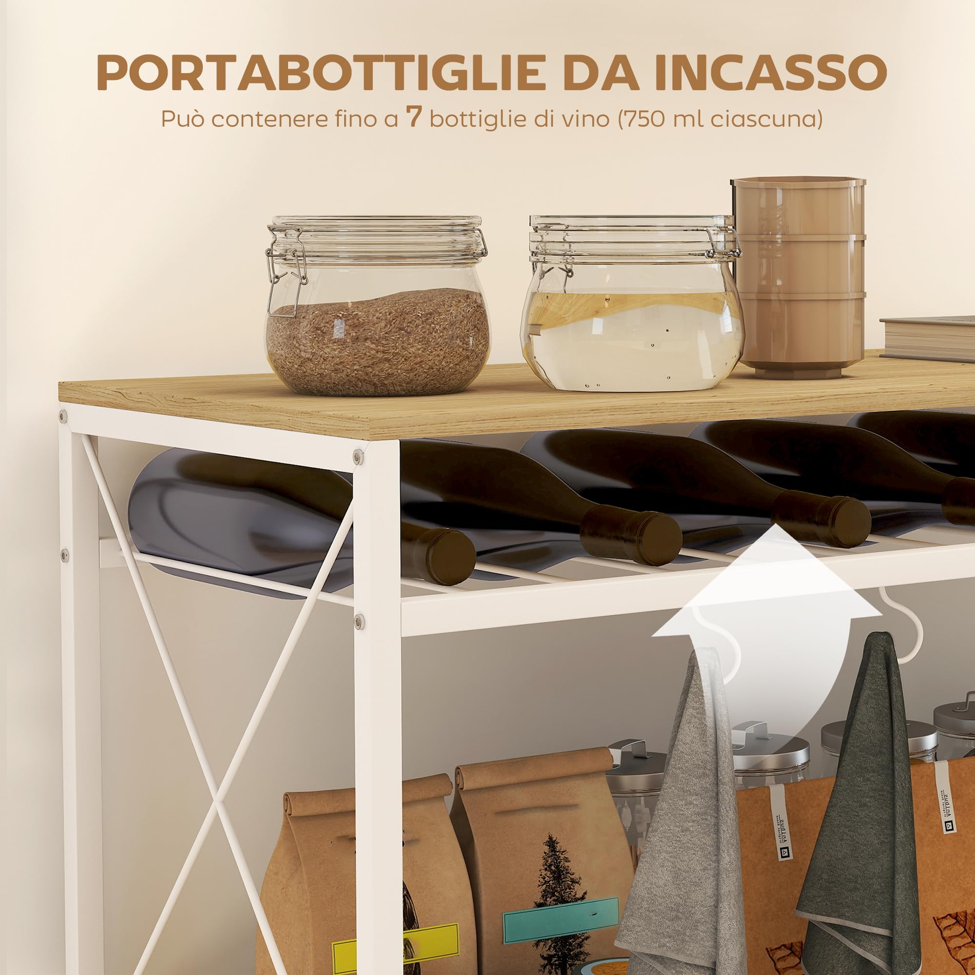 HOMCOM Carrello da Cucina a 4 Livelli con Portabottiglie e 5 Ganci Rimovibili, Carrello Portavivande Salvaspazio con Ruote a Freno in Legno e Metallo, 96.5x38x96.7 cm, Color Legno