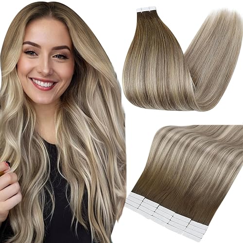 Fshine Extensiones de cabello humano con cinta color rubio degradado, 20 unidades, extensiones de cabello humano de poliuretano con pegamento en