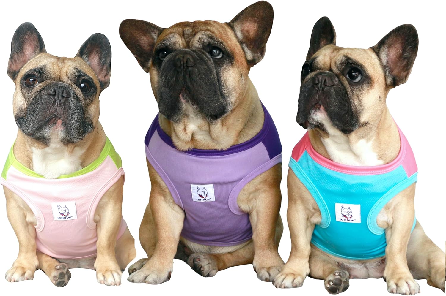 iChoue 3pcs French Bulldog Summer Cooling Shirt for Dogs UV Sun Protection Vest Sleeveless Breathable Tank Top English Pug Pink Green Purple Turquoise Rose - Medium