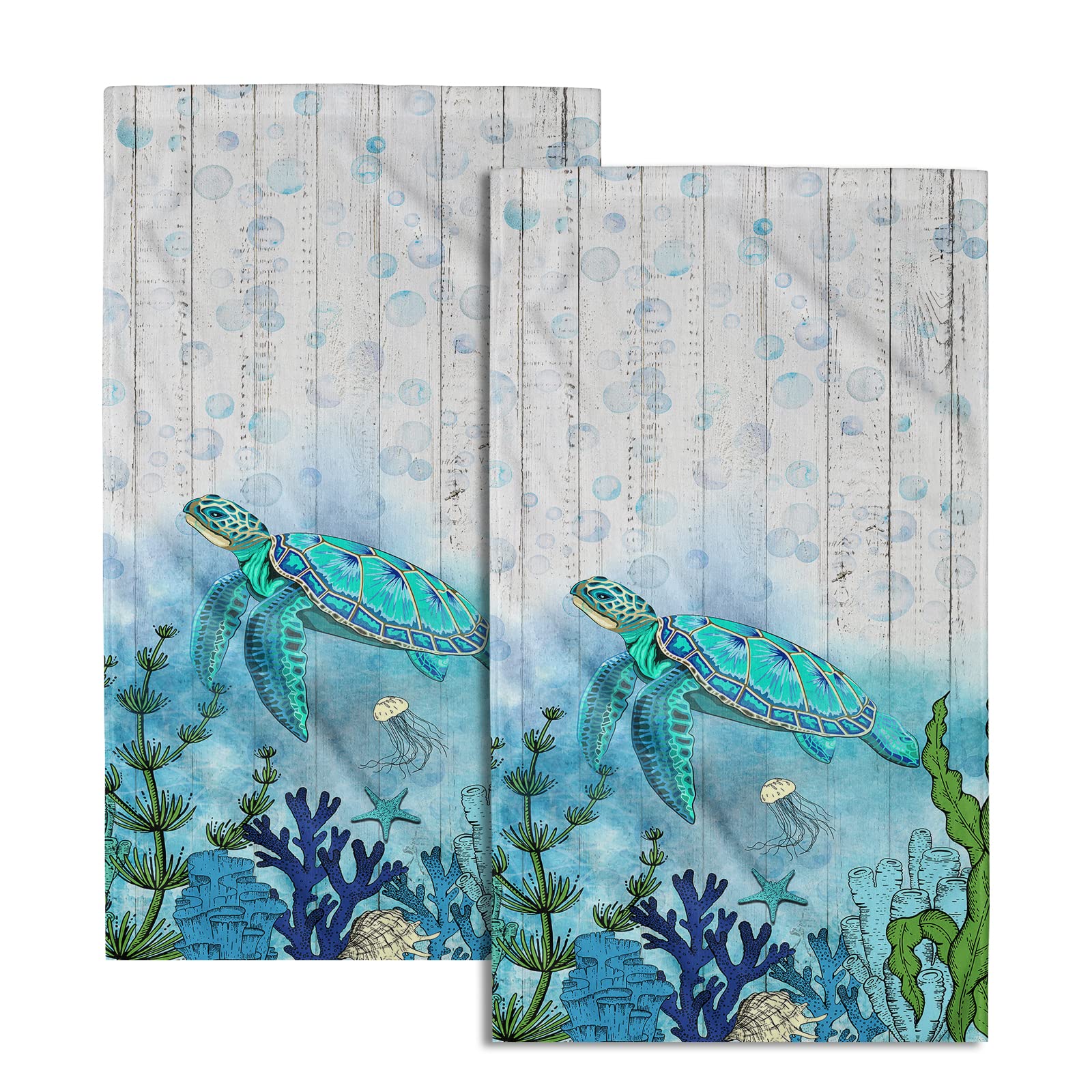 Giwawa Sea Turtle Coral Hand Towel Set of 2 Underwater Marine Life Fingertip Towels Bath Decor Soft Absorbent Small Bath Towel Bathroom Guest Home Spa Decor
