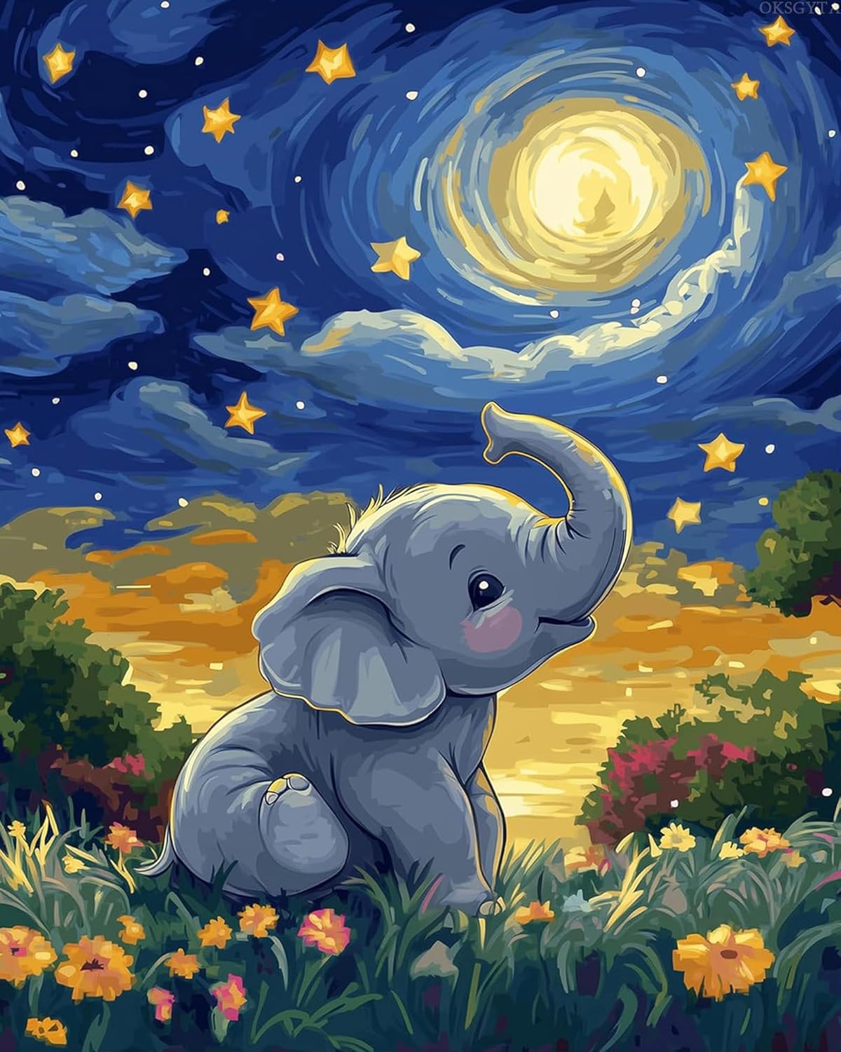OKSGYTA Elephant Playing in Meadow Paint by Numbers Kit for Adults Beginner, Elephant at Night Paint by Numbers, Night Acrylic Oil Painting for Gift Home Decor (16x20inches, No Frame)