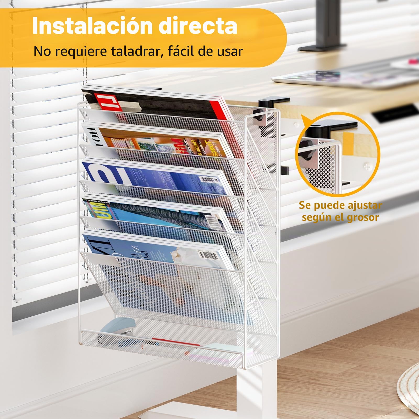 Organizador de archivos sin taladrar, soporte A4 y suministros de oficina, almacenamiento de revistas y pancartas de pared
