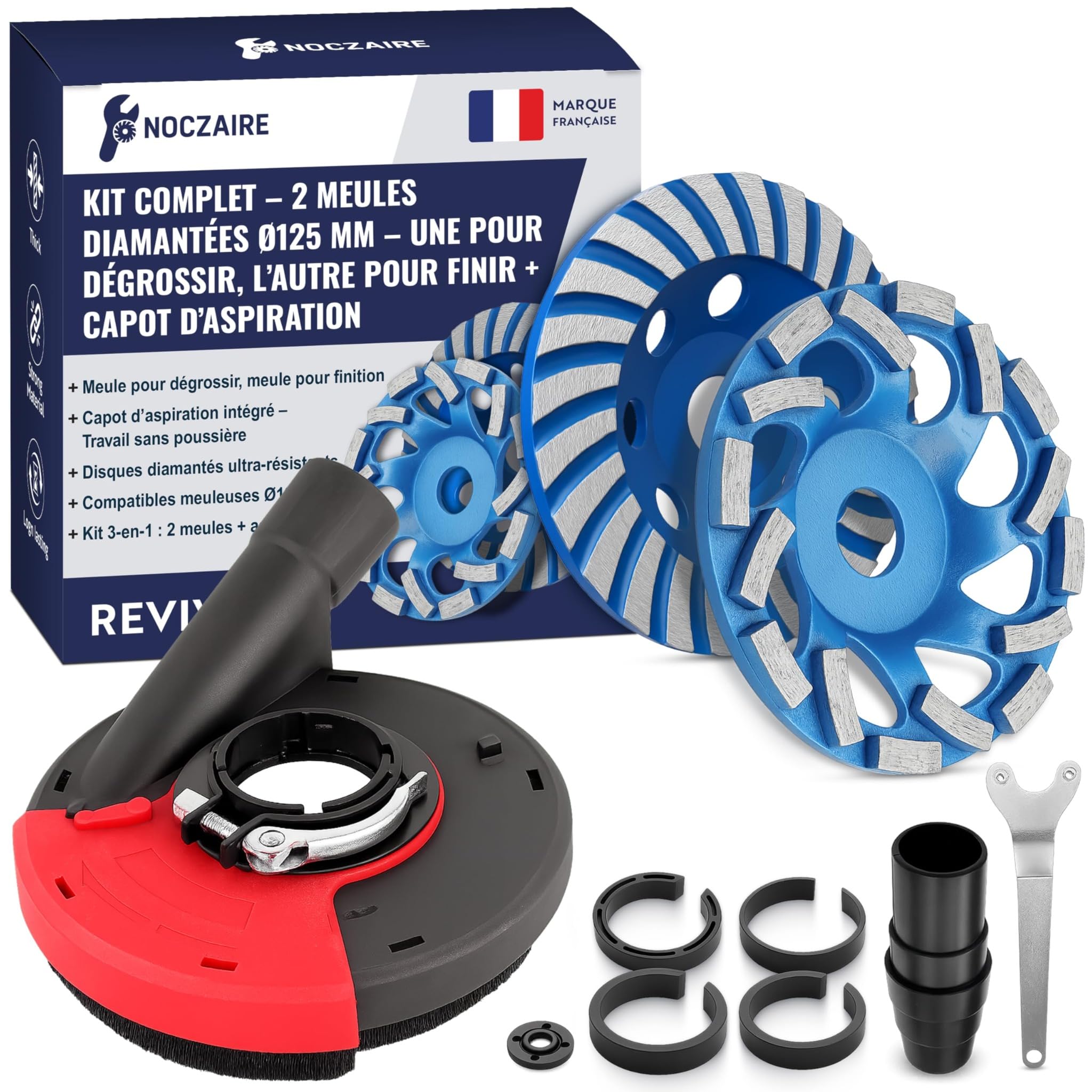 Kit 2 Meules Diamantées 125 mm avec Capot d’Aspiration – Dégrossissage + Finition – Ponçage Béton, Carrelage et Pierre