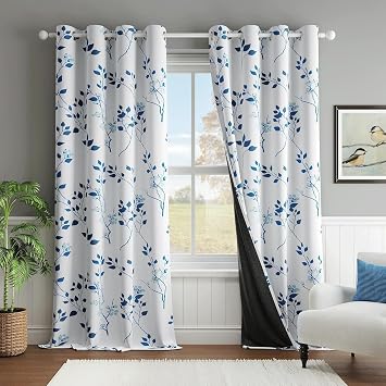 Beauoop Navy Blue Floral Blackout Bedroom Curtains 90 inch Drop 2 Panels | Black Out Leaf Print White Eyelet Drapes,Noise Reducing,Thermal Insulated Botanical Patterend Curtain for Living room