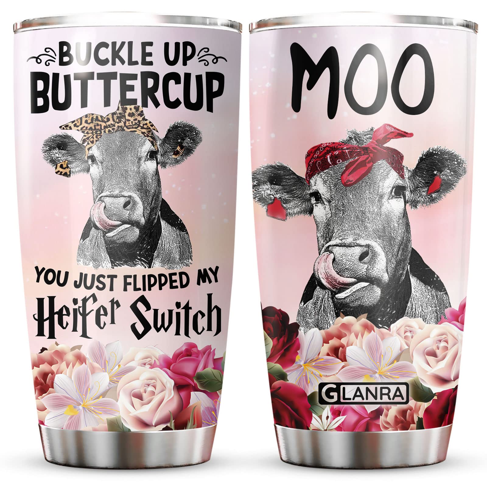 NEONOZACow Lovers Birthday Gifts, Cow Tumbler 20 Oz Stainless Steel with Lid, Buckle Up Buttercup Travel Coffee Mug, Gifts for Farm Animals Lovers Women