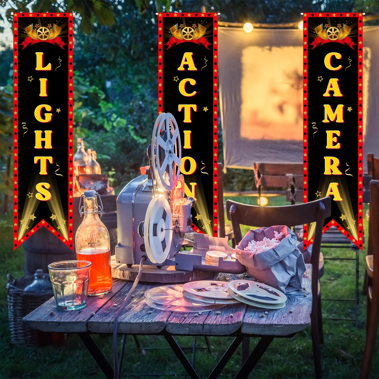 Filmabend-Banner „Lichter, Kamera, Action“ – 47x30 Cm, Polyester, Für Partydekoration Drinnen & Draußen