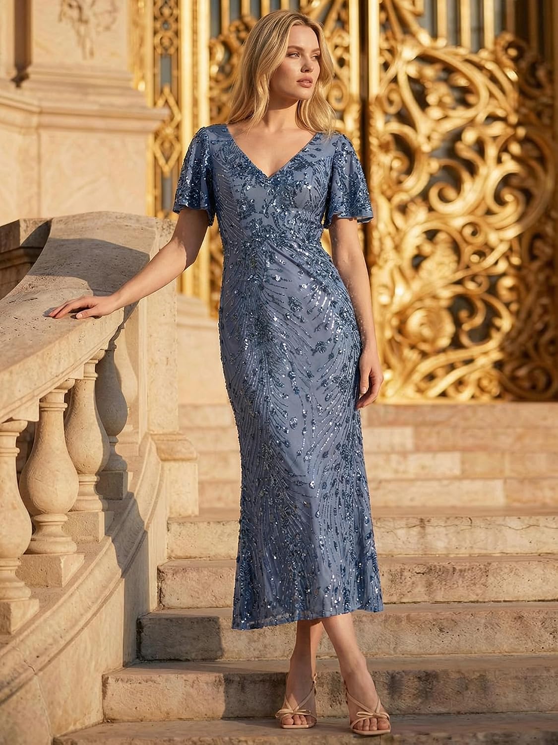 Ever-Pretty Women's Maxi Formal Evening Gowns V-Neck Tulle Sequin Dresses Bodycon Gorgeous Mother of Bride Dress 02370