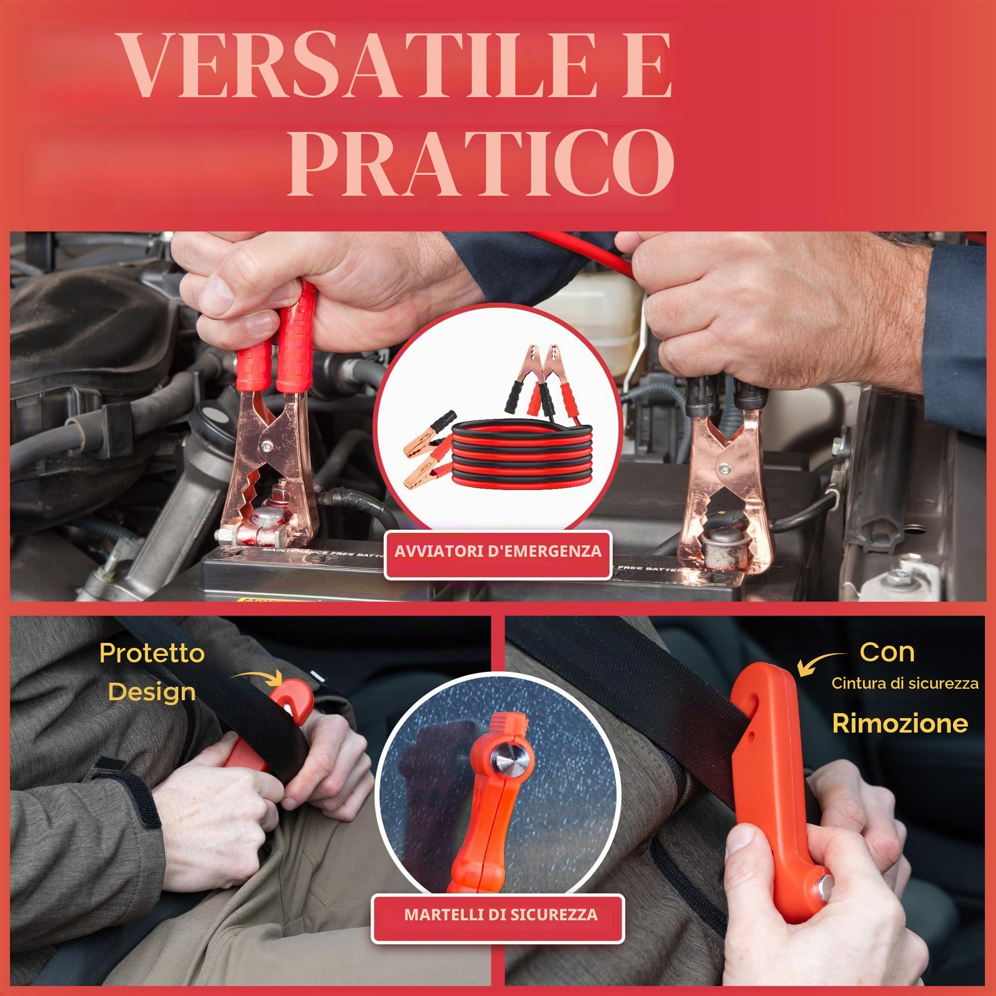 GADLANE Kit di emergenza per guasto auto - Kit di emergenza auto grande per la strada con triangolo di avvertimento, cavi di avviamento, fune di traino, kit di pronto soccorso, martello di sicurezza