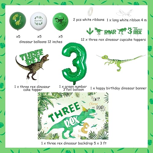 Miniatura 5 de Decoraciones de dinosaurio de tercer cumpleaños, fondo de tres decoraciones de fiesta de cumpleaños Rex, globos de fiesta de dinosaurio, decoración