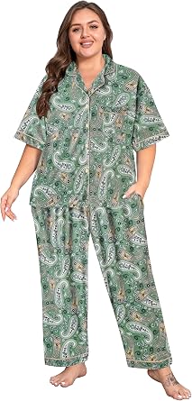 Vozanet Womens Pajamas Set Button Down Short Sleeve Shirt and Pants Soft Knit Polyester Lounge Sets Plus Size 1x to 5x