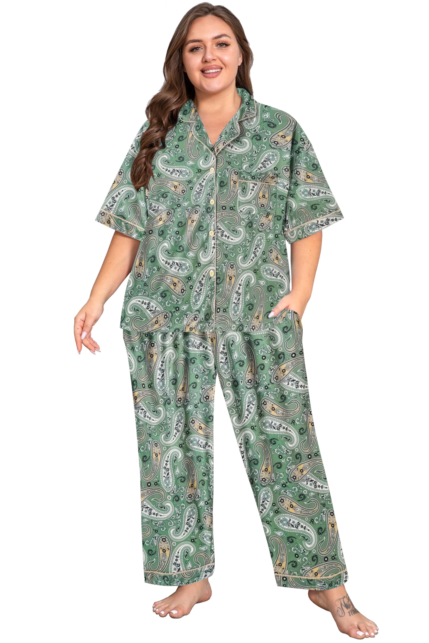 Vozanet Women's Pajamas Set Button Down Short Sleeve Shirt and Pants Soft Knit Polyester Lounge Sets Plus Size 1x to 5x