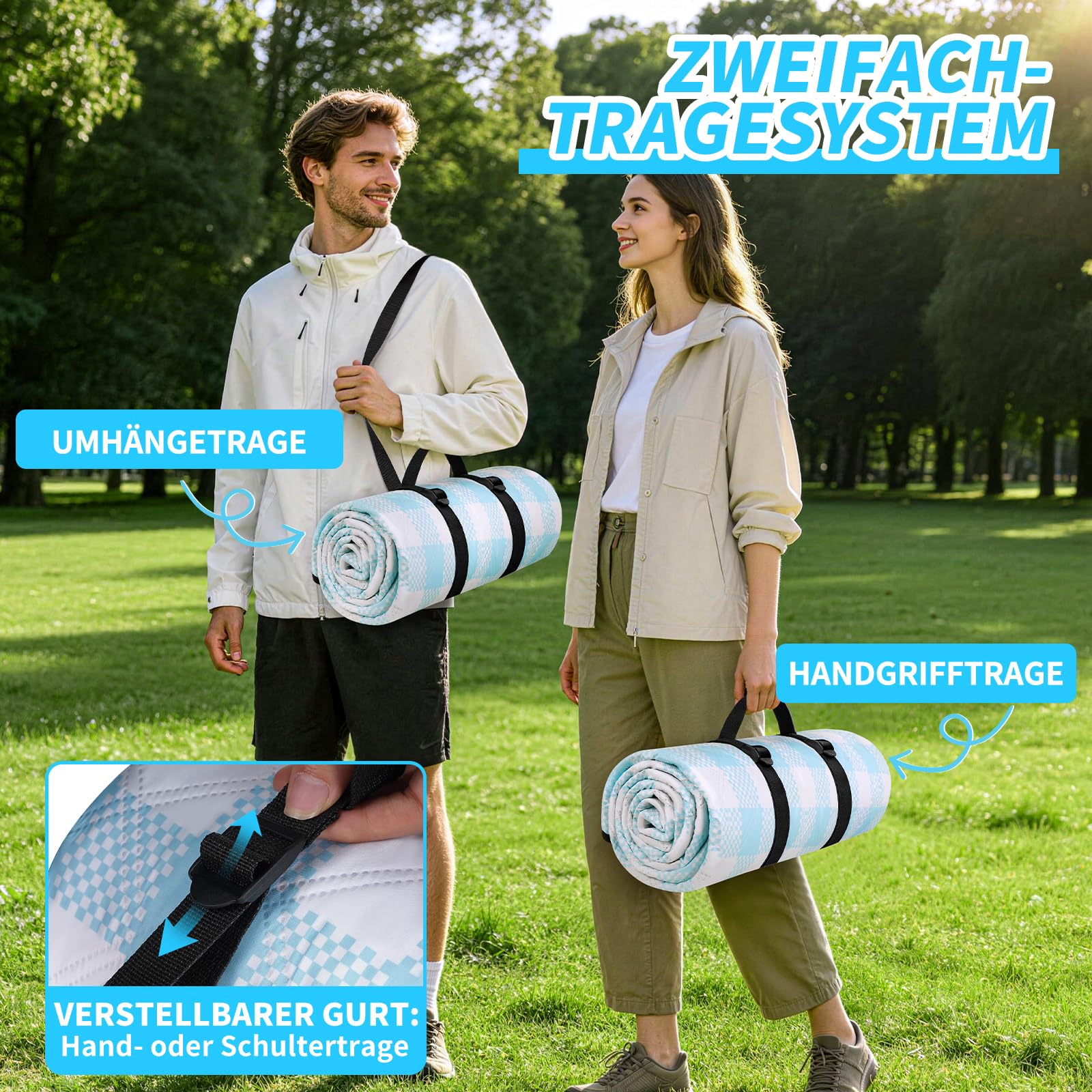 sapsisel wasserdichte Picknickdecke für 6-8 Erwachsene, Extra große Stranddecke, Picknickmatte für Camping, Strand, Wiese und Park, Blau kariert 200 x 200 cm