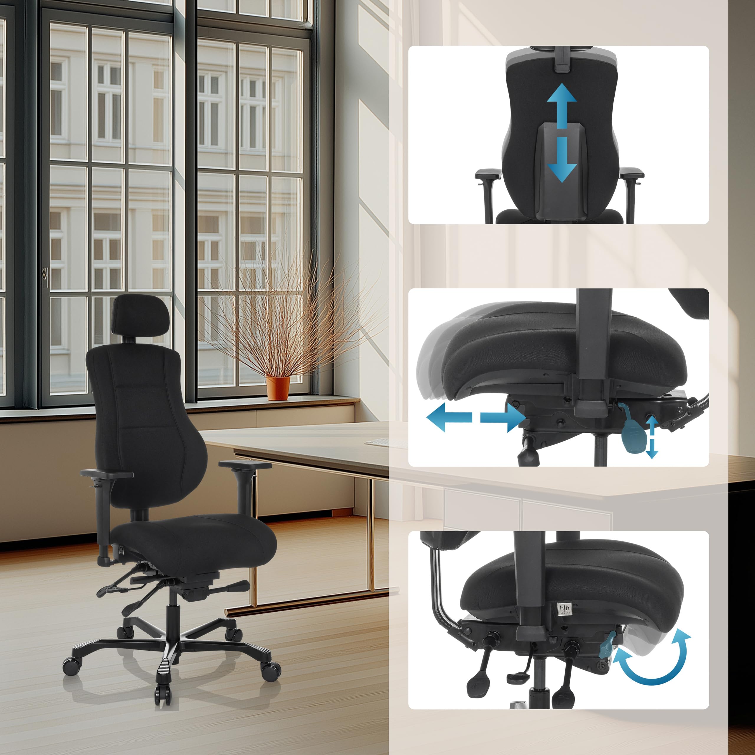 hjh OFFICE Ergonomischer Arbeitsstuhl 24 Hours Basic Stoff, robuster XXL Drehstuhl für den 24h Einsatz, bis 150kg belastbar, Schwarz
