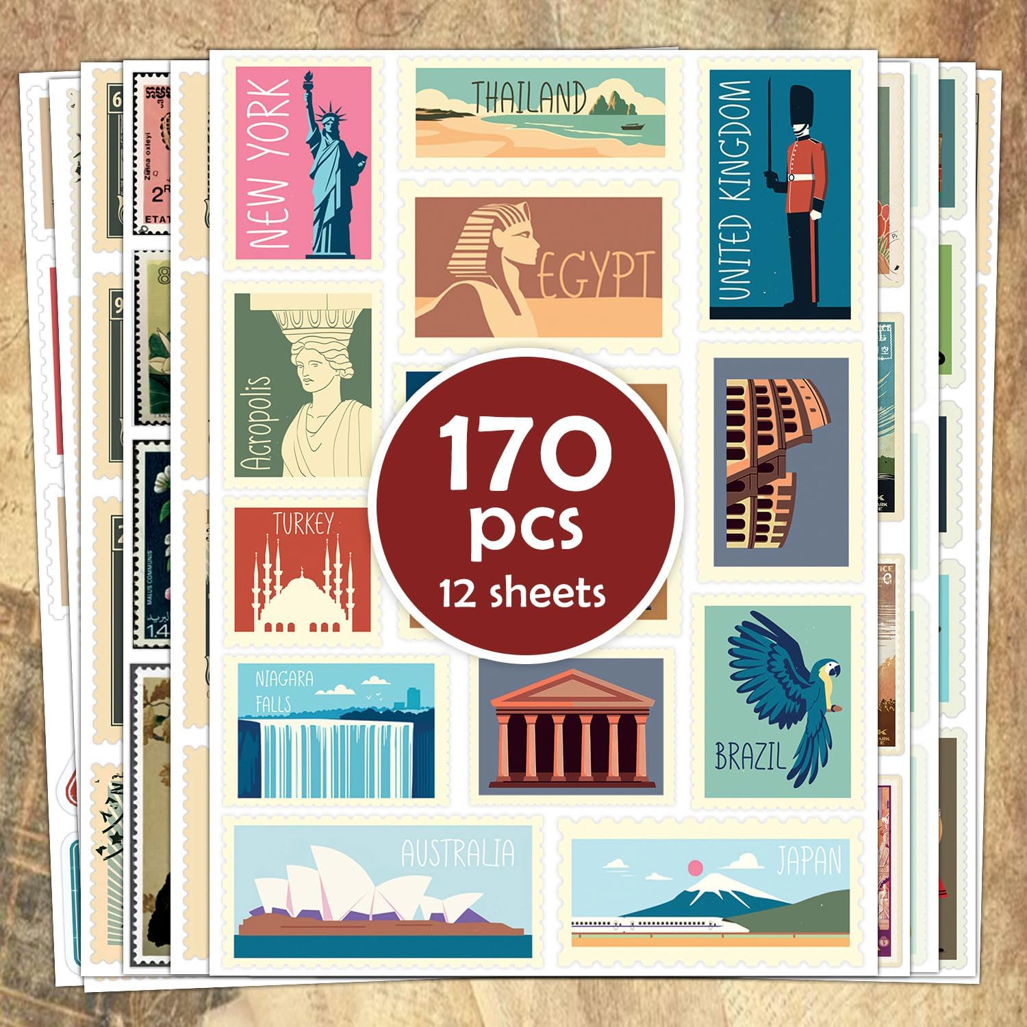 200PCS Vintage Postage Stamp Stickers Junk Journal Supplies Scrapbooking Stamps Sticker for Journaling Planners Card Making Diary Passport Envelope Art Crafts (170 Pcs Vintage Travel) image 2