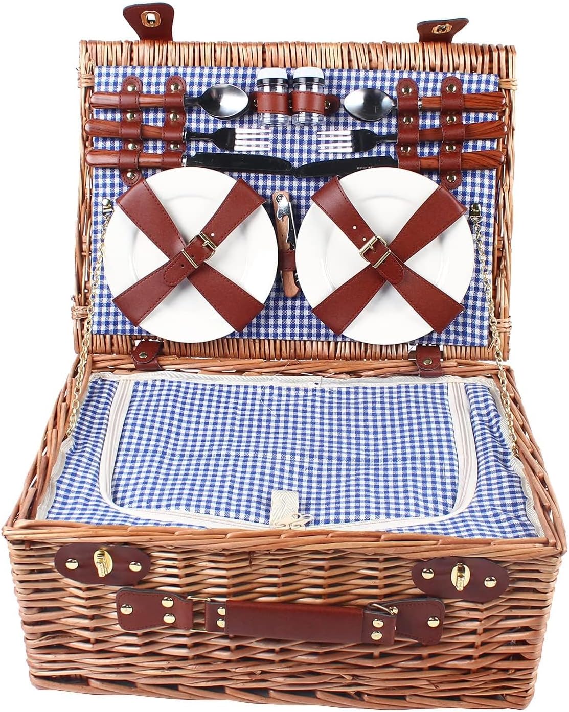 Picnic Basket for 4 Persons with Insulation Inner Lining,Wicker Picnic Basket Set, for Camping, Outdoors, Valentine's Day, Christmas, Birthday, Wedding Gift, Beach Travel