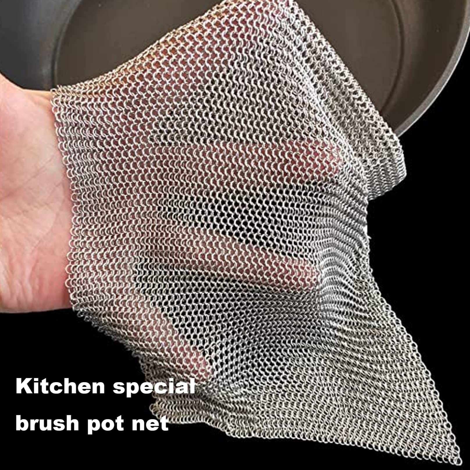 KUYYFDS Cast Iron Scrubber, Chef's Pans, Cast Iron Cleaner, Stainless Steel Scourer 20cm Nonstick Oil Chainmail Scrubber for Kitchen Pans Pot Griddles Skillets Cookware
