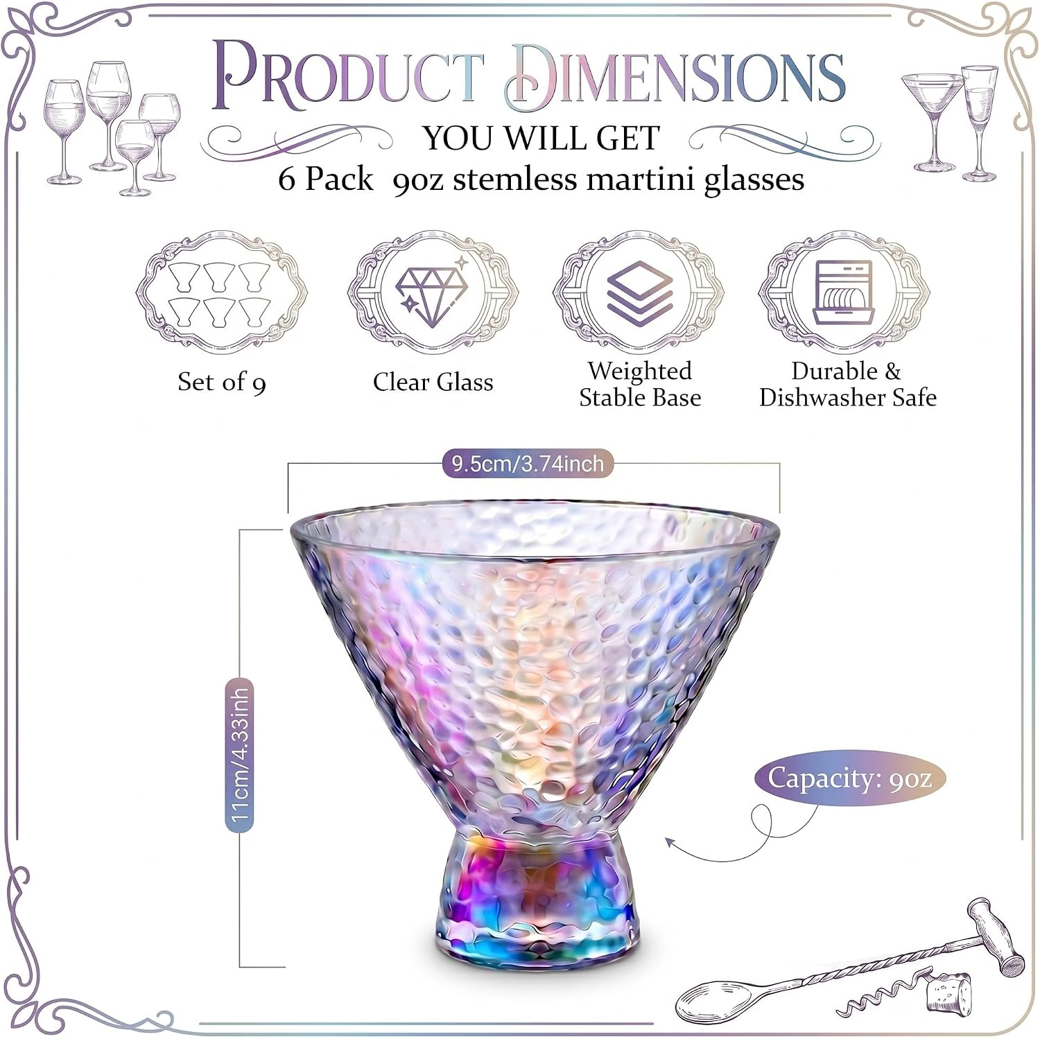 Mifoci Set of 6 Stemless Martini Glasses 9oz Crystal Stemless Cocktail Glasses Vintage Bar Dessert Trifle Glassware Bowls for Weddings Home Whiskey Liquor Restaurant (Multicolor,Malleolar Stria)