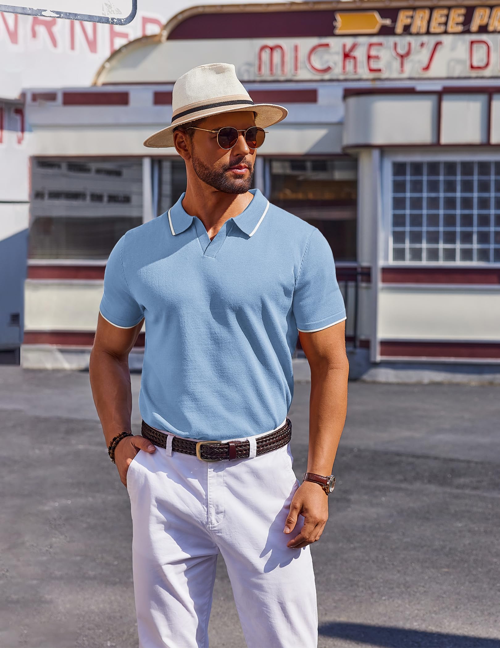 COOFANDY Polo da uomo a maniche corte, estiva, in maglia, casual, con scollo a V, vestibilità aderente