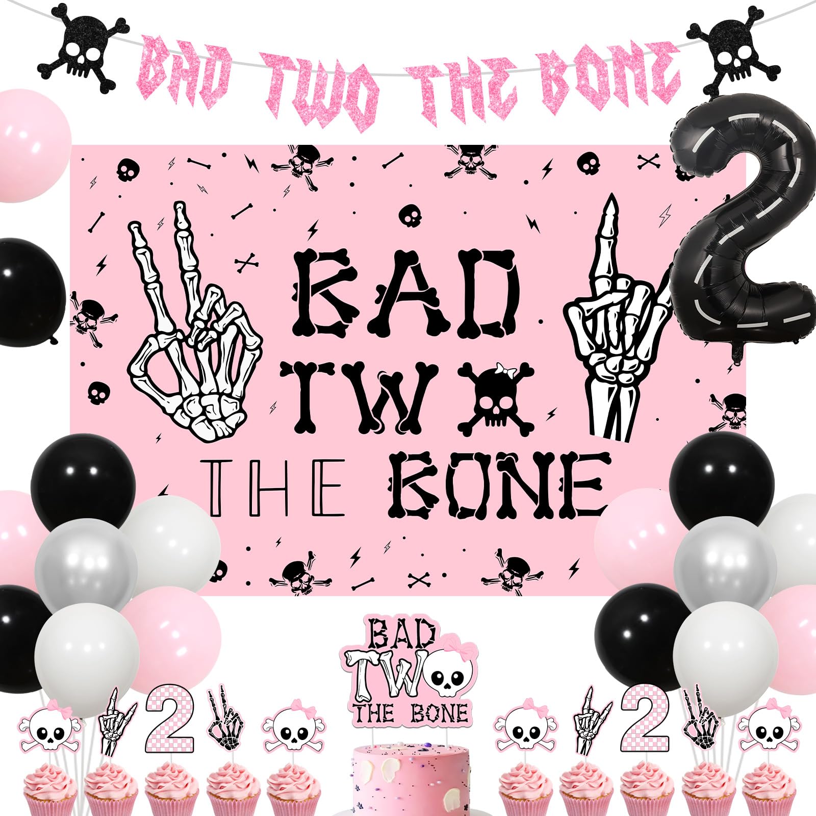 Jollyboom Bad Two the Bone Birthday Decoration Girl, Bad to the Bone Birthday Party Decorations Backdrop Cake Cupcake Topper Banner Foil Number 2 Balloon for Girl Music Theme 2 Year Old Bday