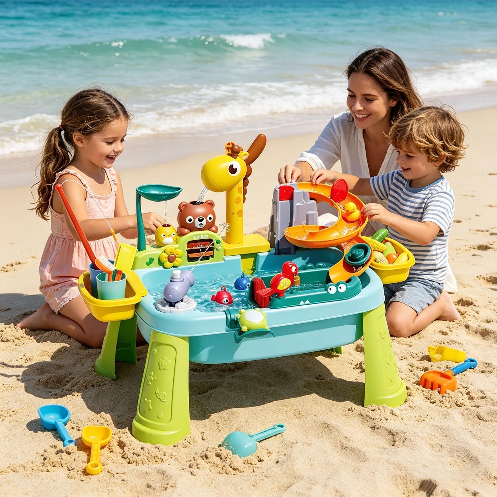 Generisch Wasserspieltisch Kinder, Kinder Wassertisch mit Giraffen Wasserhahn, Angelspiel & Rutsche, Lehrreiches Angelset, Outdoor Wasserspieltische für Kinders, Sommer Wasserspielzeug für Garten