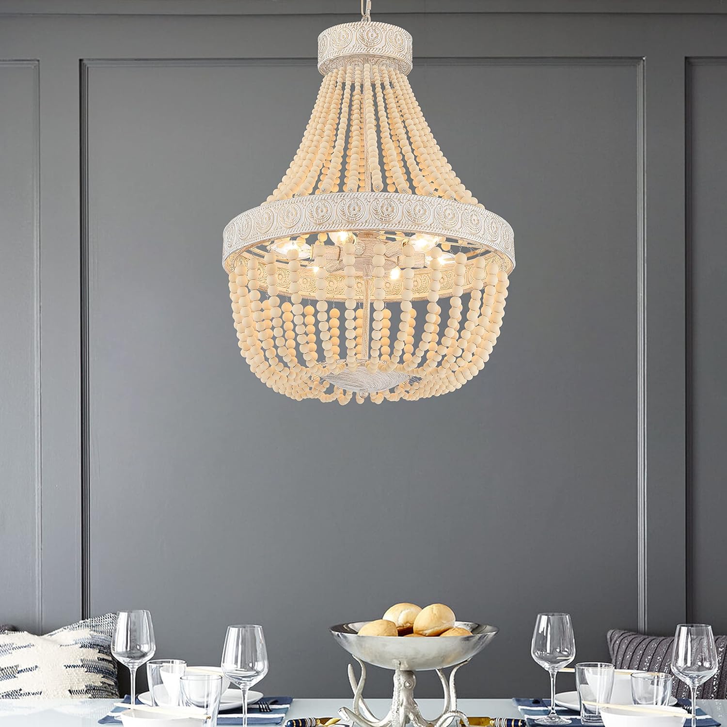 Vanity Art 6 Light Unique Tiered Chandelier with Beaded Accents | Modern Hanging Lighting, Ceiling Lights Fixtures for Dining Room Living Room Bedroom Kitchen (White+Gold) SYB6266WO-LT