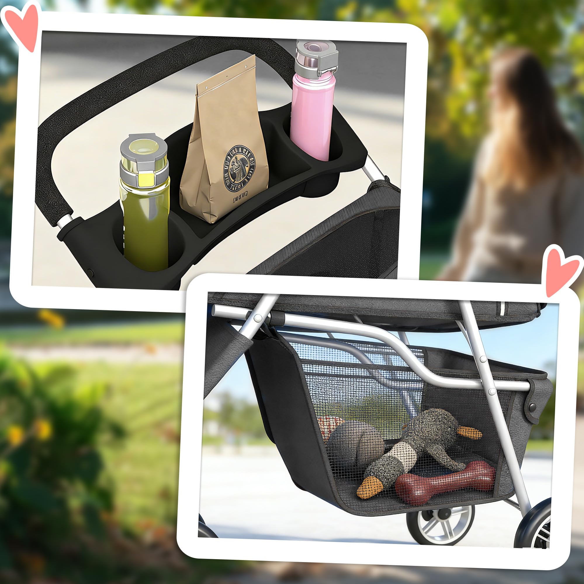 PawHut Carrito para Perros Plegable, Cochecito para Perros Pequeños con Cesta de Almacenaje, Ventanas de Malla, Portavasos y Ruedas, Carga 10 kg, 77x44x102 cm, Gris Oscuro