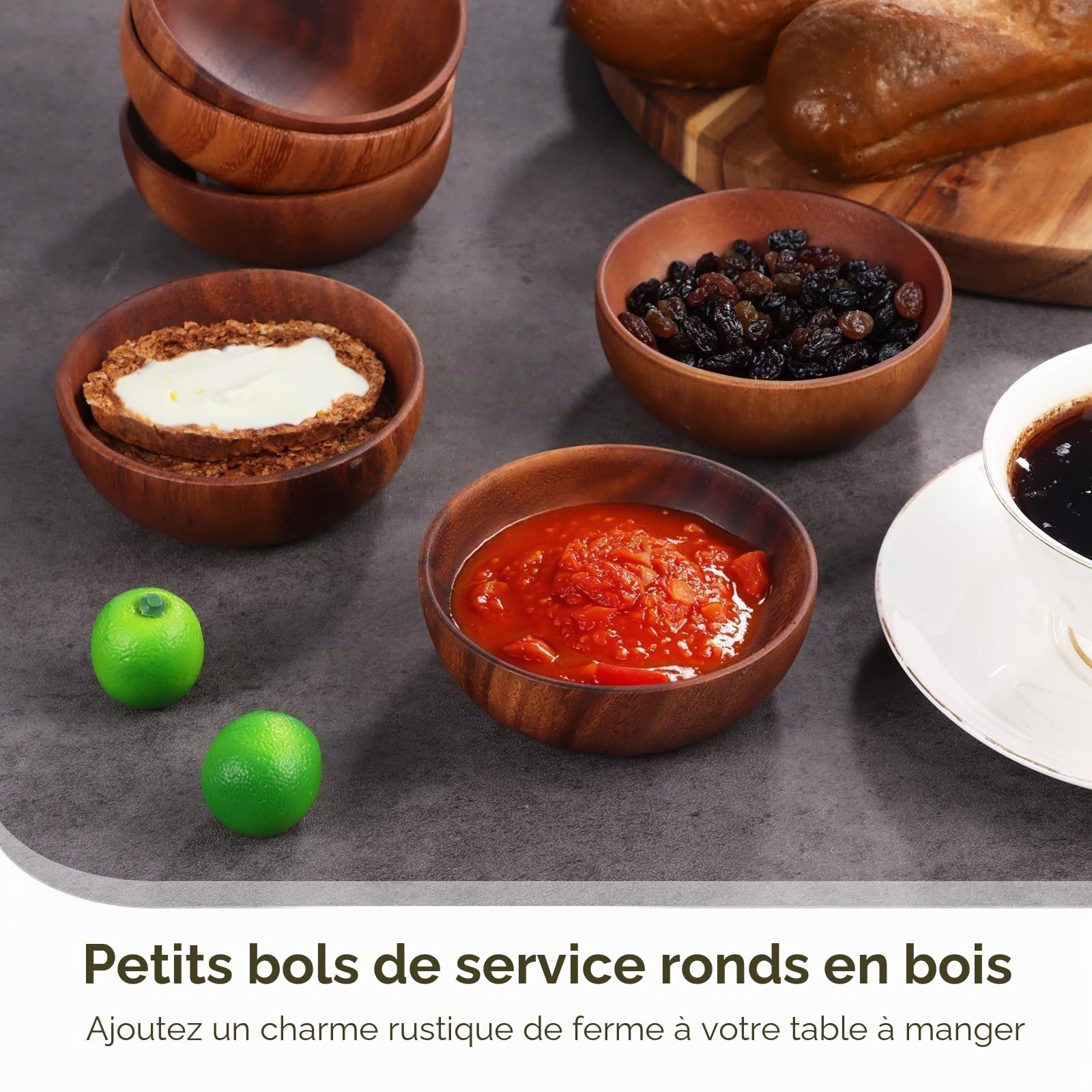 Lot de 10 bols ronds en bois d'acacia fabriqués à la main, parfaits pour salade, sauces, apéritifs, condiments, noix, bonbons et céréales, plateau de service