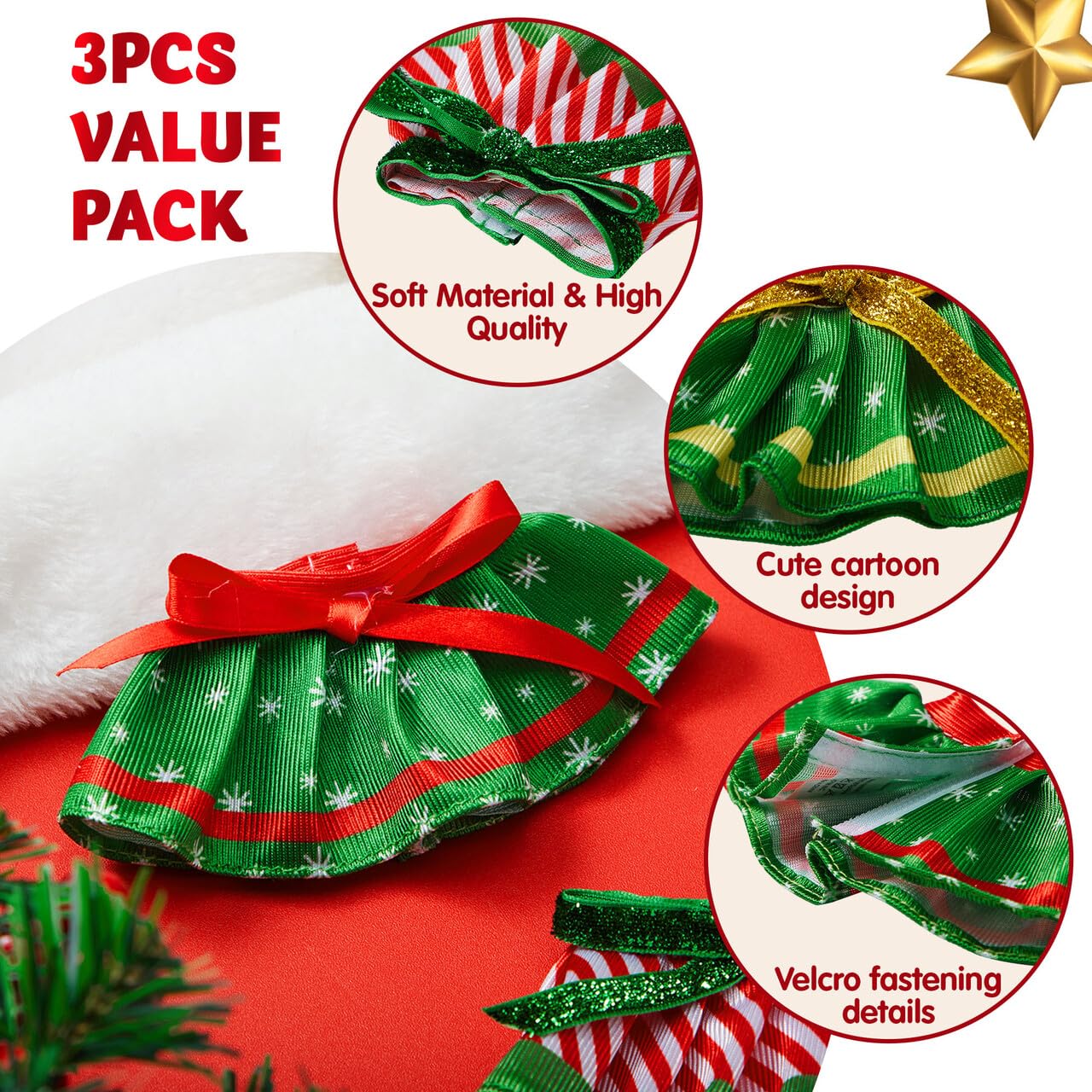 3 piezas de faldas de Navidad para muñeca, ropa de Papá Noel verde de Navidad, vestido de baile, juego de accesorios para decoraciones de Navidad y especiales 3