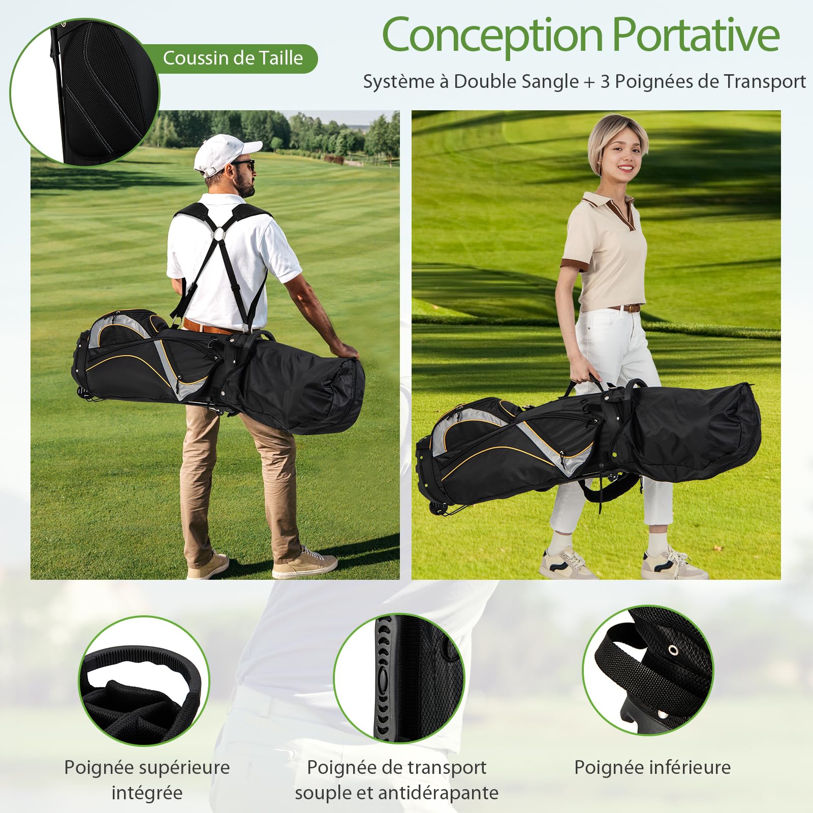 GYMAX Bolsa Trípode de Golf, Bolsa de Golf con 8 Divisores Superiores, 7 Bolsillos con Cremallera, Bolsa Nevera, Doble Correa y Capucha para la Lluvia, 2kg Bolsa de Golf Portátil Ligera