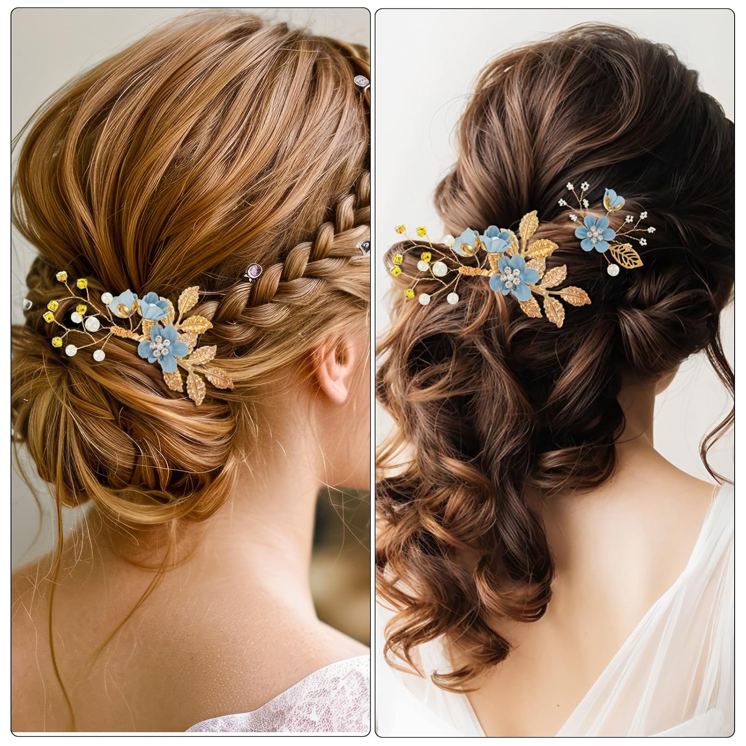 5PCS Bridal Flower Wedding Hairpins Crystal Pearl Hair Clips Headpiece Hair Accessories for Women Decorative HairClips for Brides Bridesmaids Women Girls Updo (Blue,5 Style) - Image 3