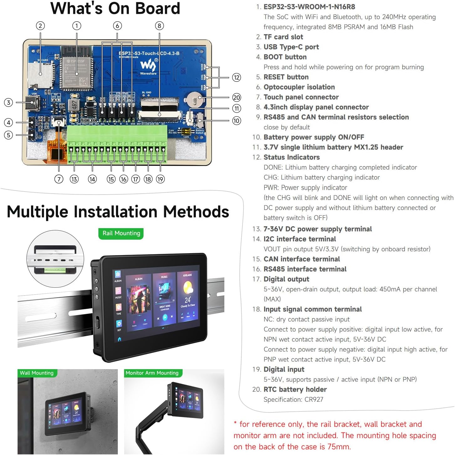 Waveshare ESP32-S3 4.3inch Capacitive Touch Display Development Board B, 800×480 Resolution, 5-Point Touch, 32-Bit LX7 Dual-Core Processor, Up to 240MHz Frequency, with Onboard Antenna