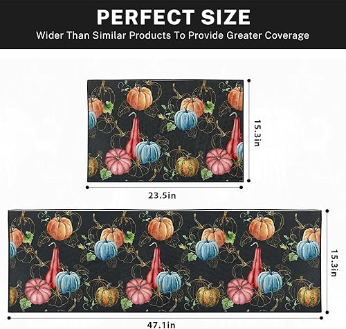 Miniatura 2 de Juego de 2 alfombras y tapetes de cocina de otoño, antideslizantes, lavables, de acuarela, sin costuras, calabazas, tapetes de cocina para piso,