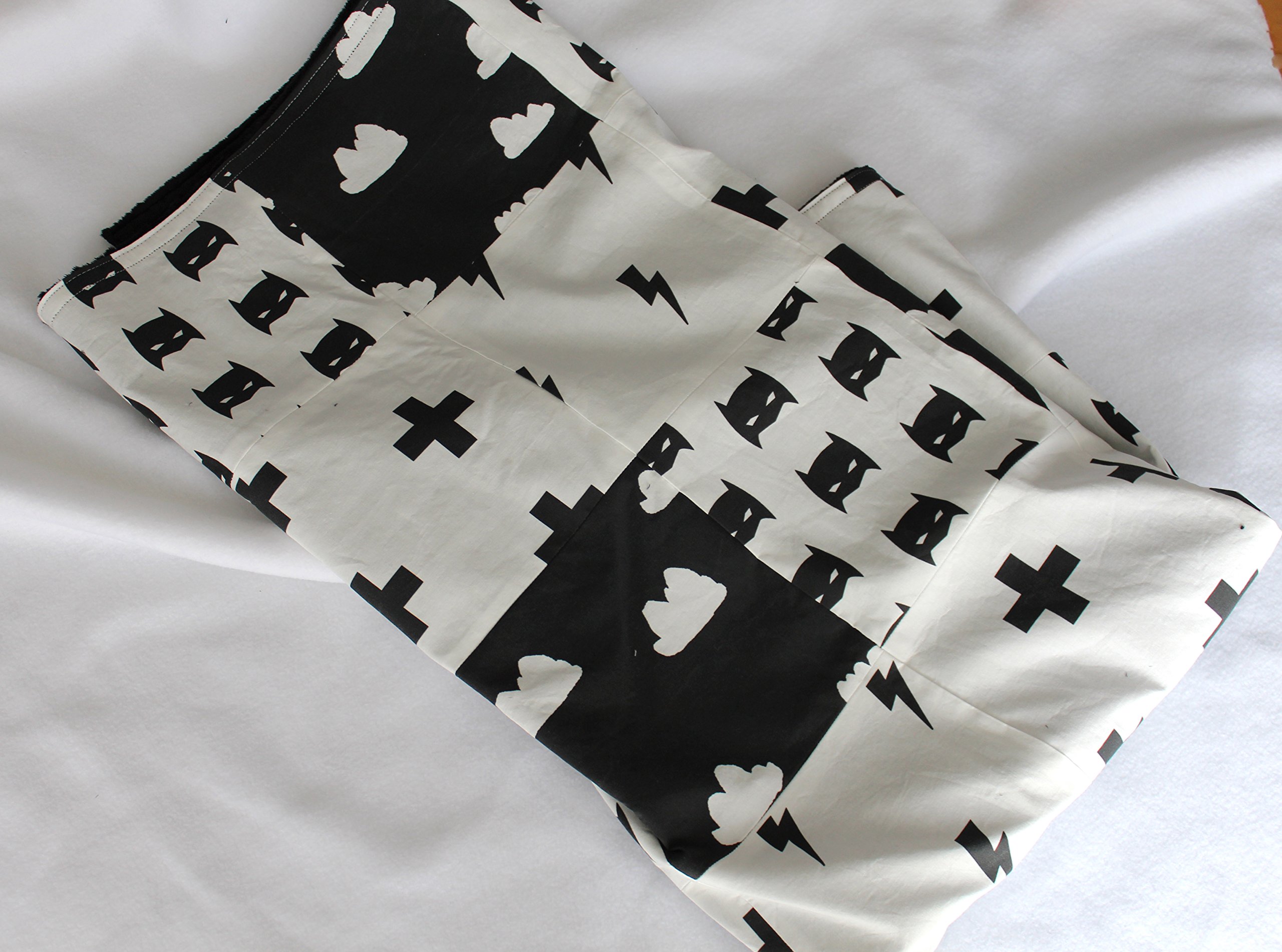 Superhero Quilt - Black and White Crib bedding - 39" x 39" Minky backed patchwork blanket