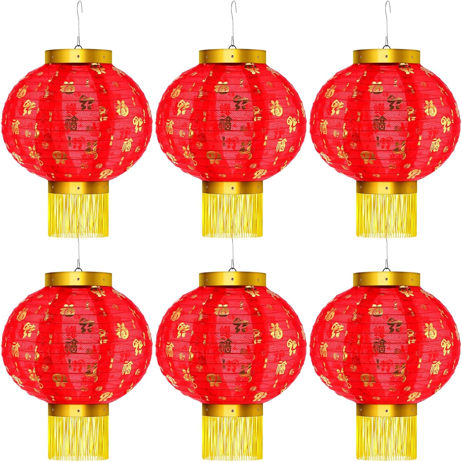 Geelin 6 Pcs Chinese 2025 New Year Lanterns Golden Fu Red Party Lanterns Festival Red Lamp Shade Traditional Hanging Chinese Party Decorations for Spring Festival Celebration (10 Inch)