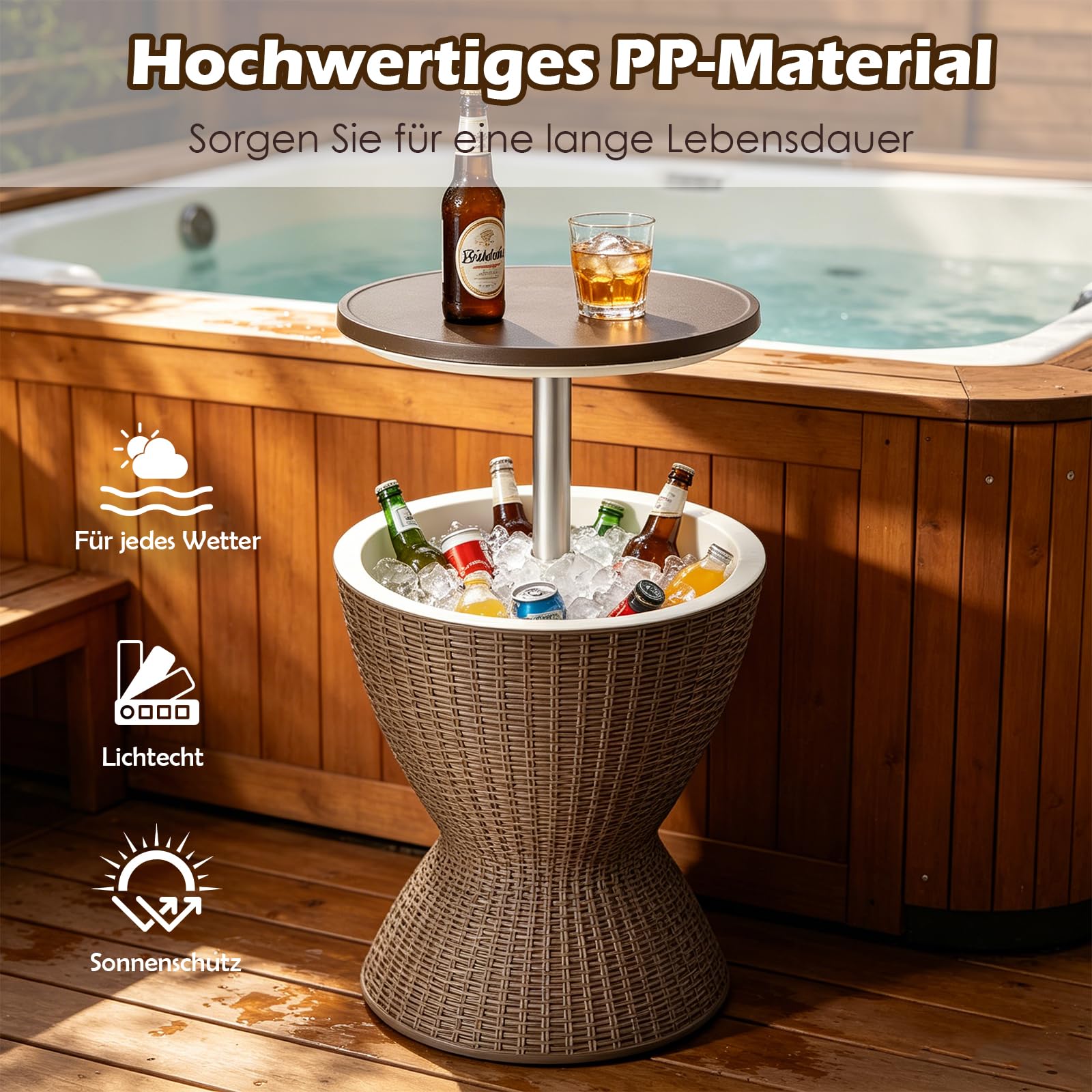 GYMAX Cool Bar 30L, 3-in-1 Beistelltisch mit ausziehbarer Tischplatte für Getränke & Snacks, Getränkekühler in Rattan-Optik, Bier- & Weinkühler für Garten, Terrasse & Balkon (Braun)