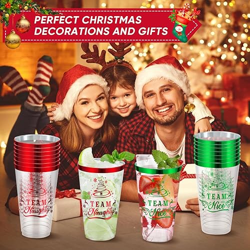 Miniatura 5 de BYMIOYA 30 tazas de 16 onzas para fiesta de Navidad, vasos de plástico de gran capacidad, con borde rojo y verde, vasos transparentes desechables de