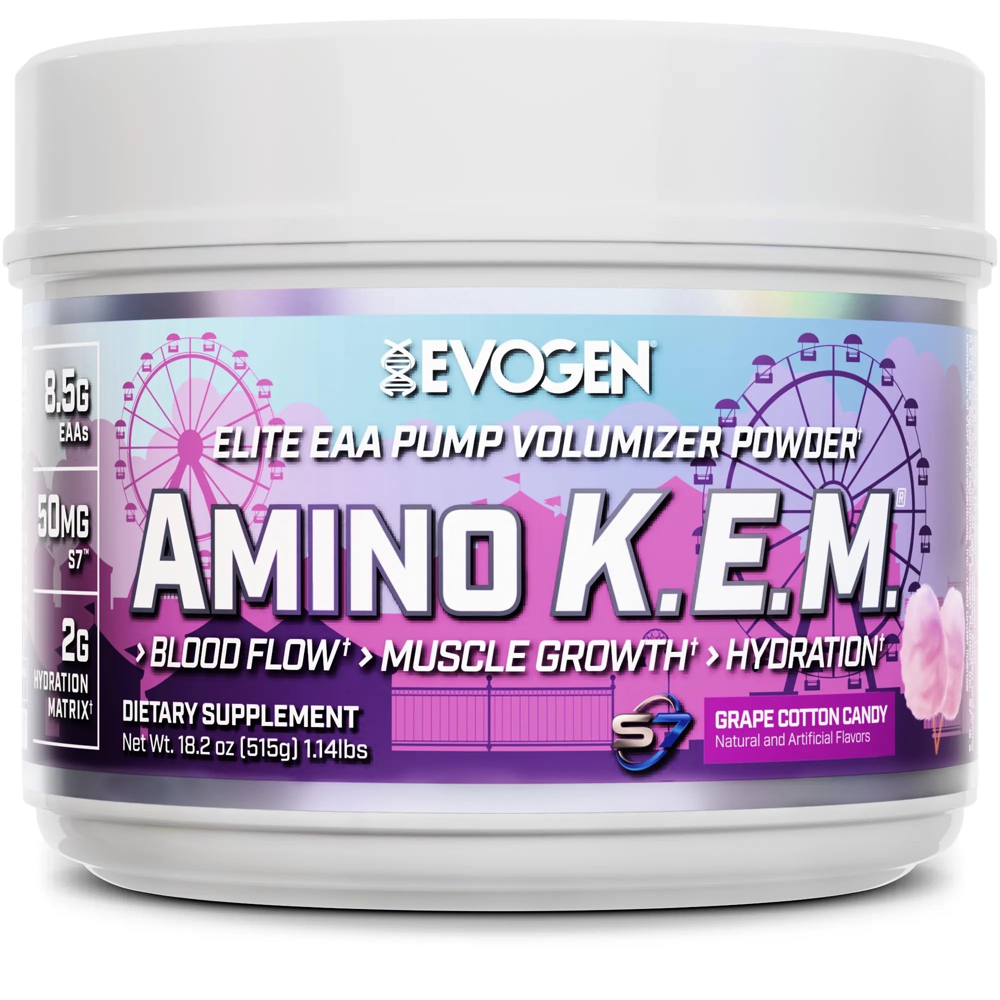 Evogen Amino KEM | Premium Essential Amino Acid, EAA & BCAA, Nitric Oxide, Betaine anhydrous, S7, Recovery, volumizing, Pump Catalyst | Grape Cotton Candy