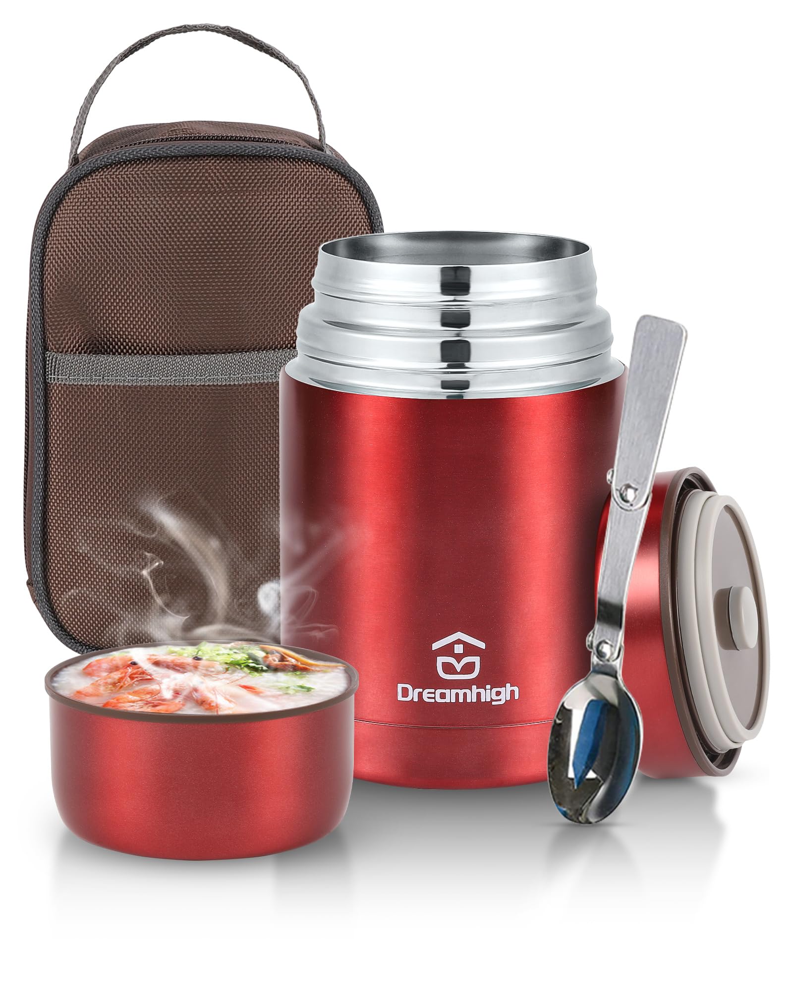 Dreamhigh® Thermobehälter für Essen 800 ml, Edelstahl Warmhaltebehälter Speisegefäß, Thermoskanne Auslaufsicher, inkl. Löffel, 12 Stunden Heiß/Kalt (Rot)