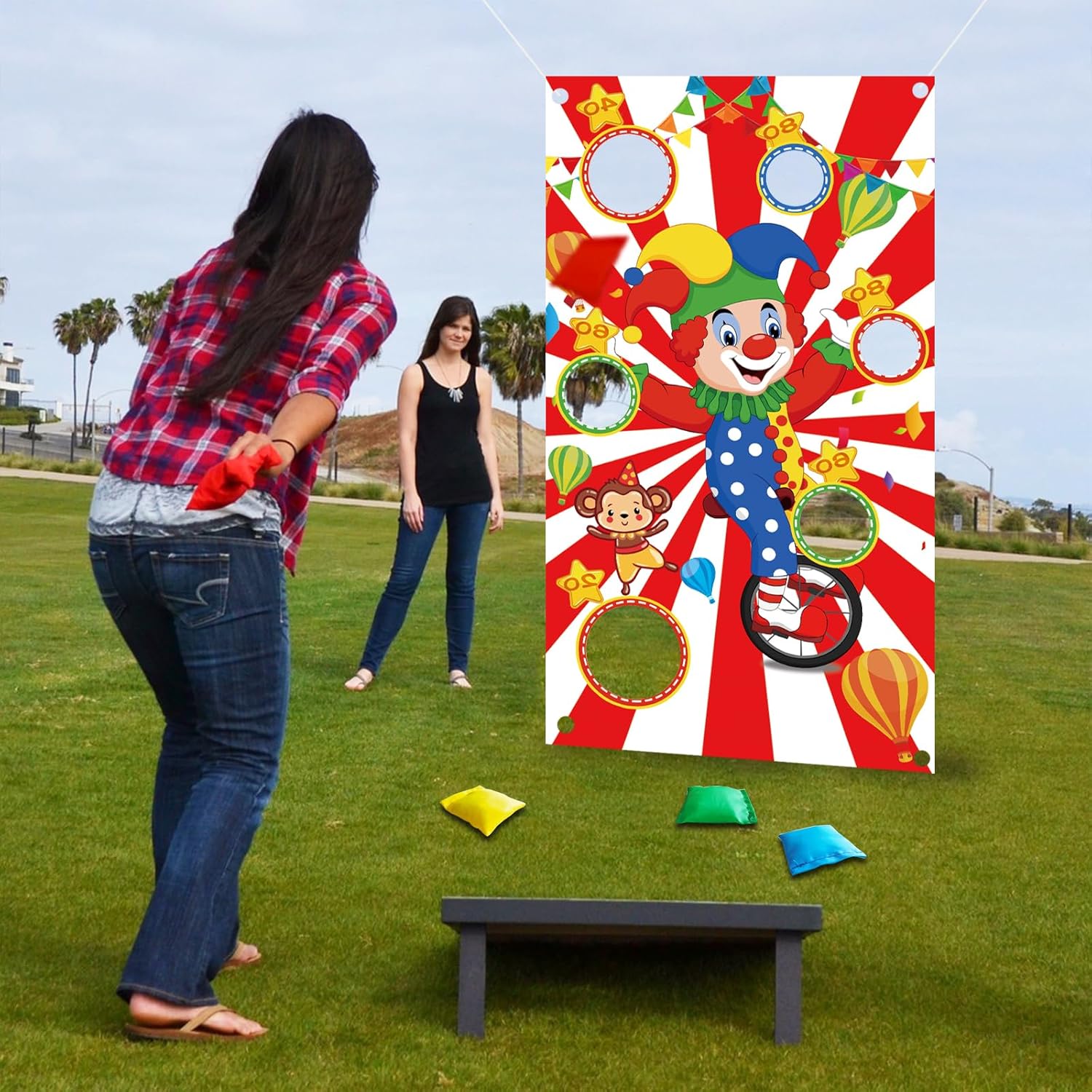 TONIFUL Carnival Toss Game Banner with 4 Bean Bags 6 Holes for Party, Indoor Outdoor Activities,Throwing Carnival Theme Party,Adults Birthday