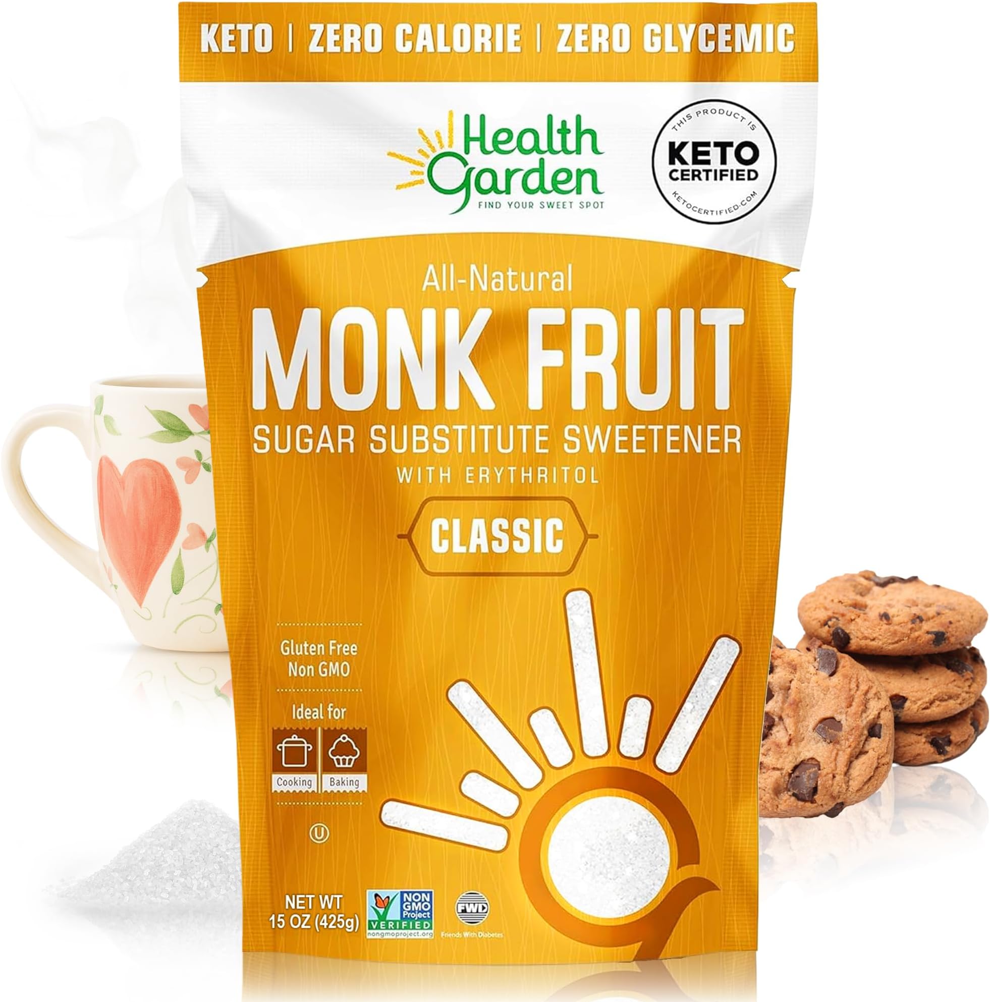 Health Garden Monk Fruit Sweetener with Erythritol, Classic - 15oz Bag - 1:1 Sugar Substitute - Zero Calorie Sweetener Ideal for Baking, Coffee, and Everyday Use - Kosher, Non-GMO Keto Sugar