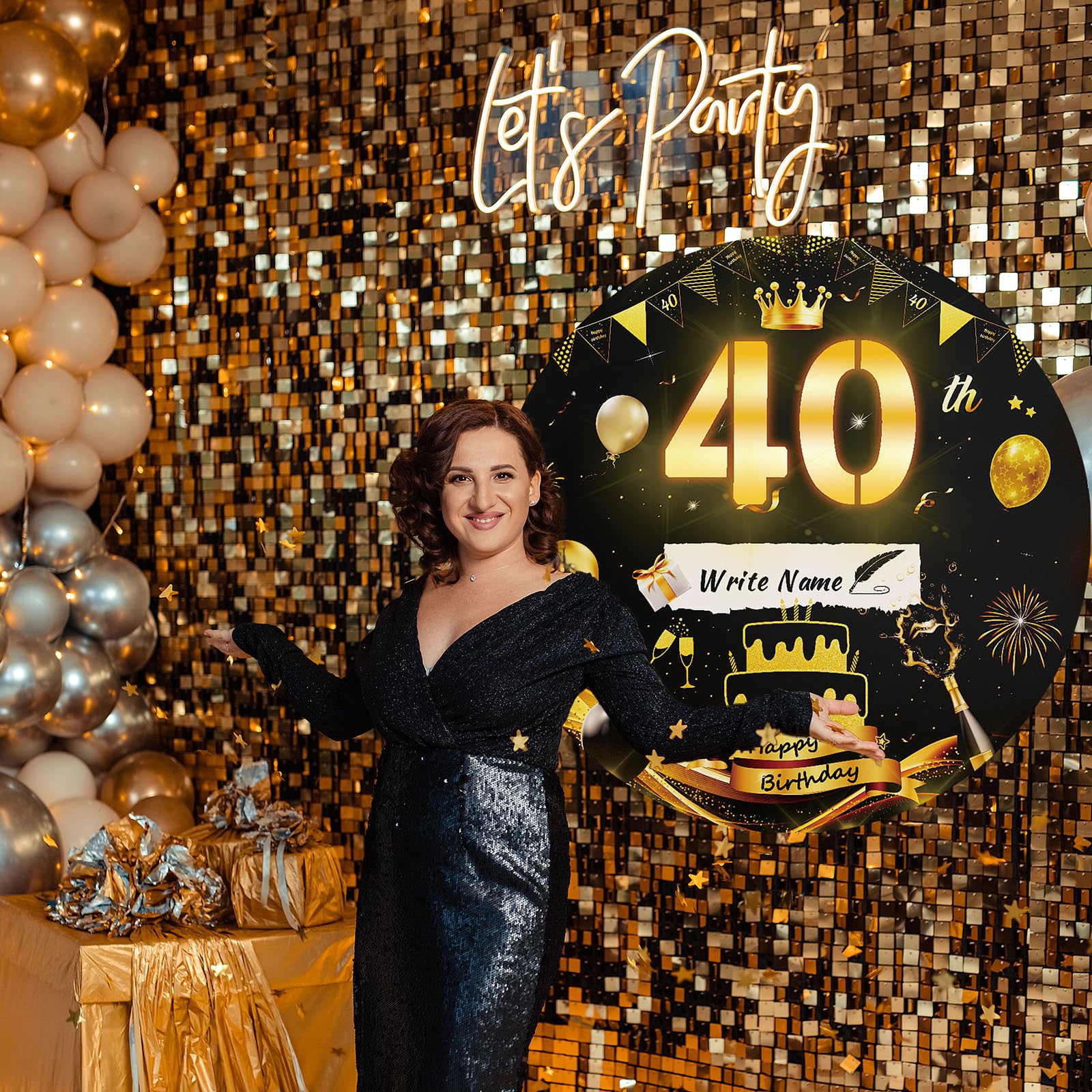 Partydekorationen zum 40. Geburtstag, mit Lichtern, Papphintergrund mit Lichtstreifen, Schwarzgold, 0,8 m, Mosaik-Hintergrundabdeckung, rund, 40 Happy Birthday, DIY-Rahmenbrett für Wand, Hof