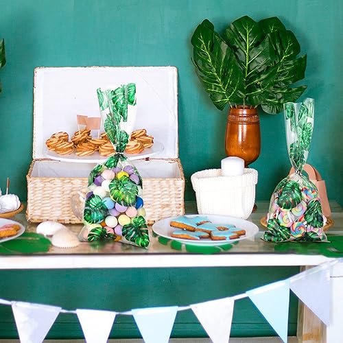 Miniatura 7 de Thenshop 100 bolsas hawaianas de celofán Luau para golosinas, hojas de palmera tropical, selva, Aloha, bolsas transparentes de regalo de golosinas