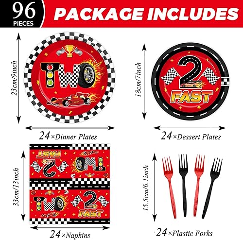 Miniatura 2 de 96 piezas de suministros de fiesta de 2º cumpleaños de autos de carreras, juego de vajilla a cuadros para decoración de mesa rápida, platos