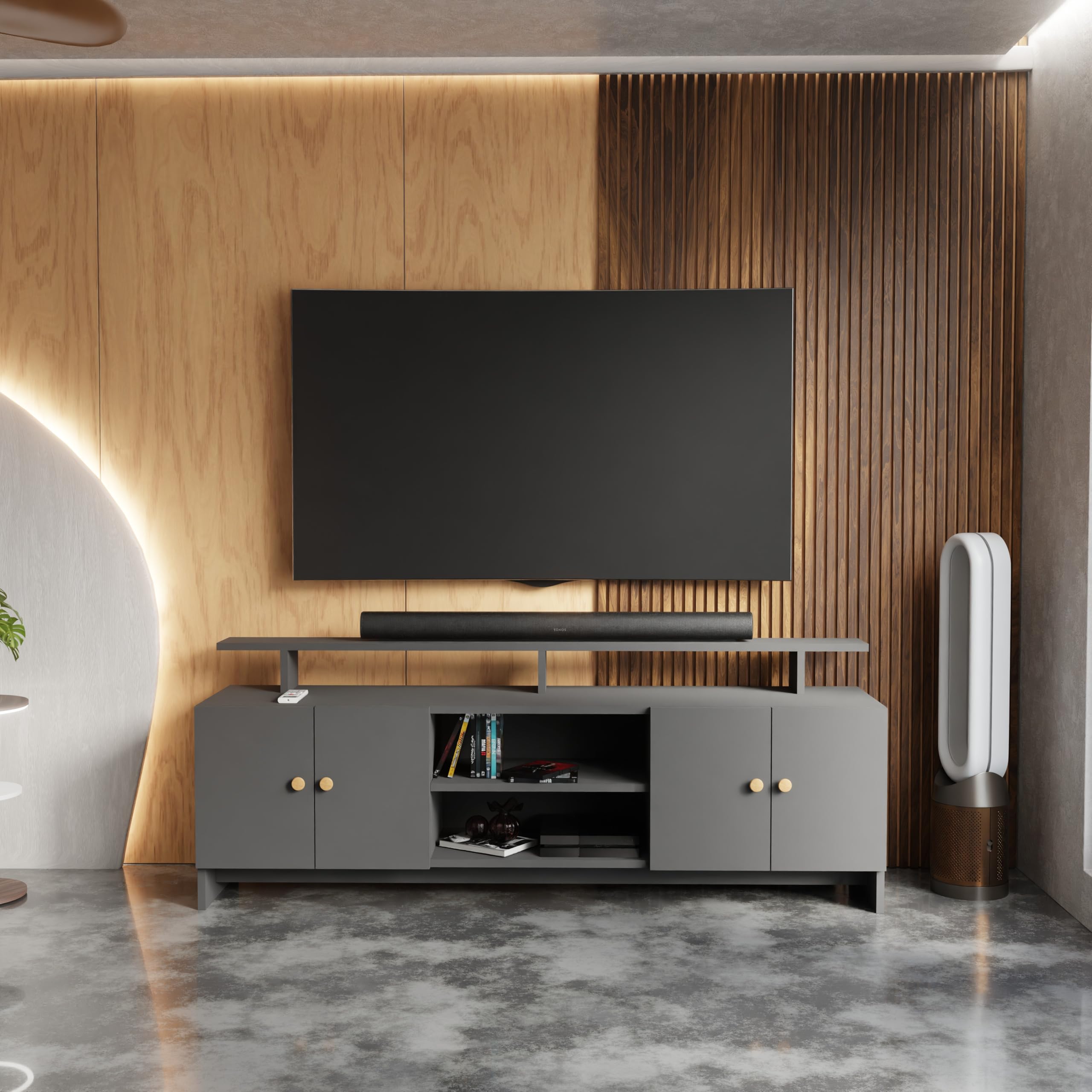 Modern TV Unit for Living Room | Wooden TV Cabinet with Open Shelf & Storage | Entertainment Unit | Assembly-DIY | Color-Grey-image-49