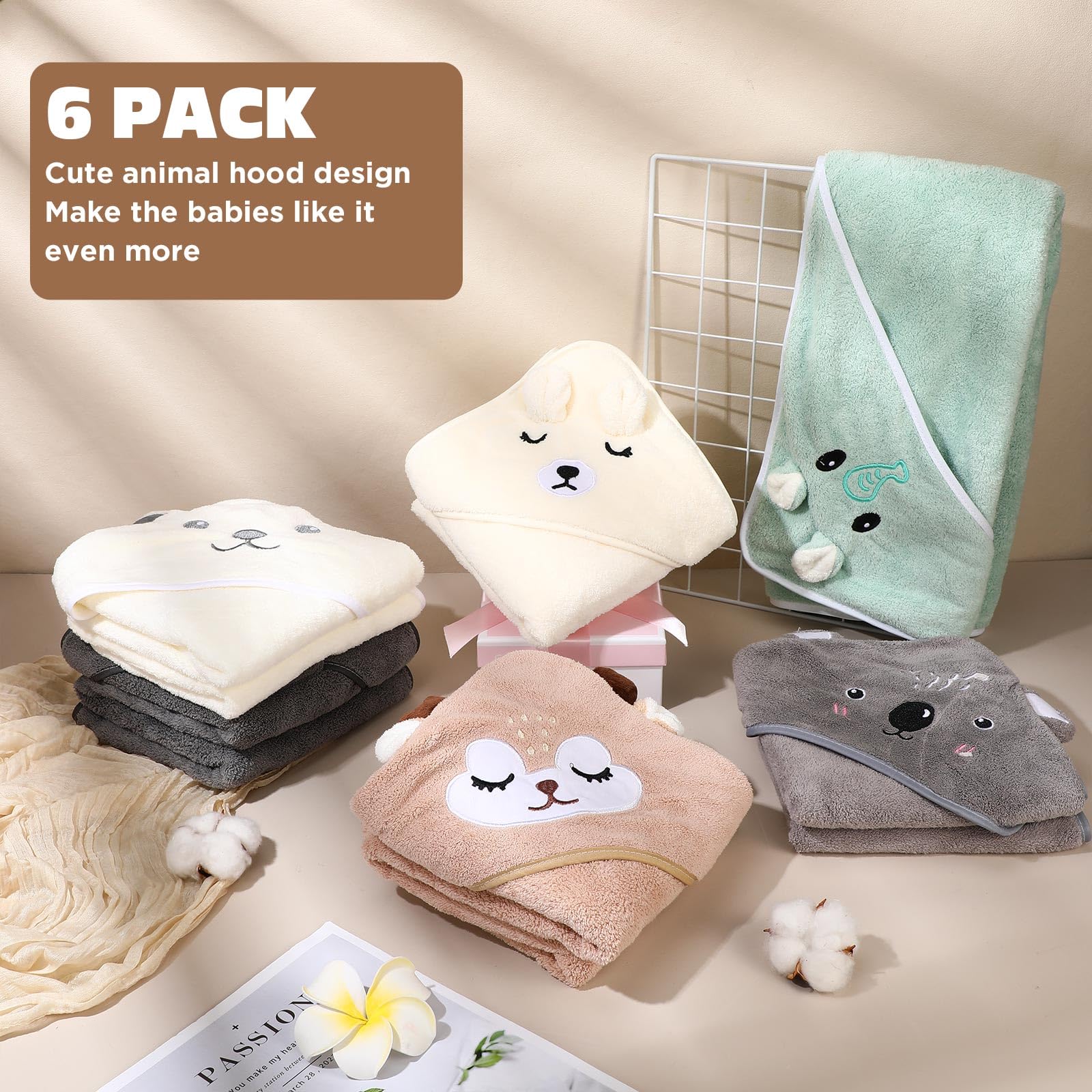 SmoothNovelty Juego de 6 toallas de baño para bebé de 31.5 x 31.5 pulgadas, toalla con capucha para bebé, forro polar coral, suave, absorbente, manta de baño con capucha para recién nacidos, niños,