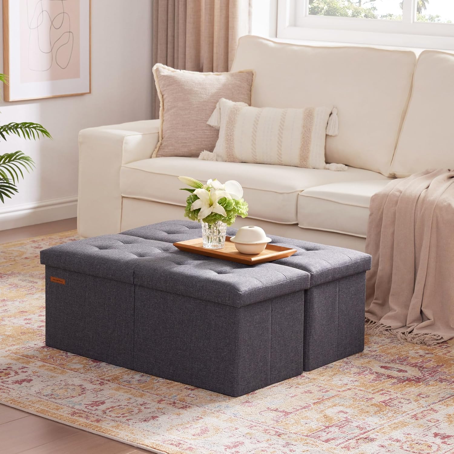 HAUSFRAU 31.5 Inches Ottoman with Storage, Folding Ottoman Bench Small Foot Rest Stool, Bedroom Bench with Flipping Lid, Linen Grey - Image 2