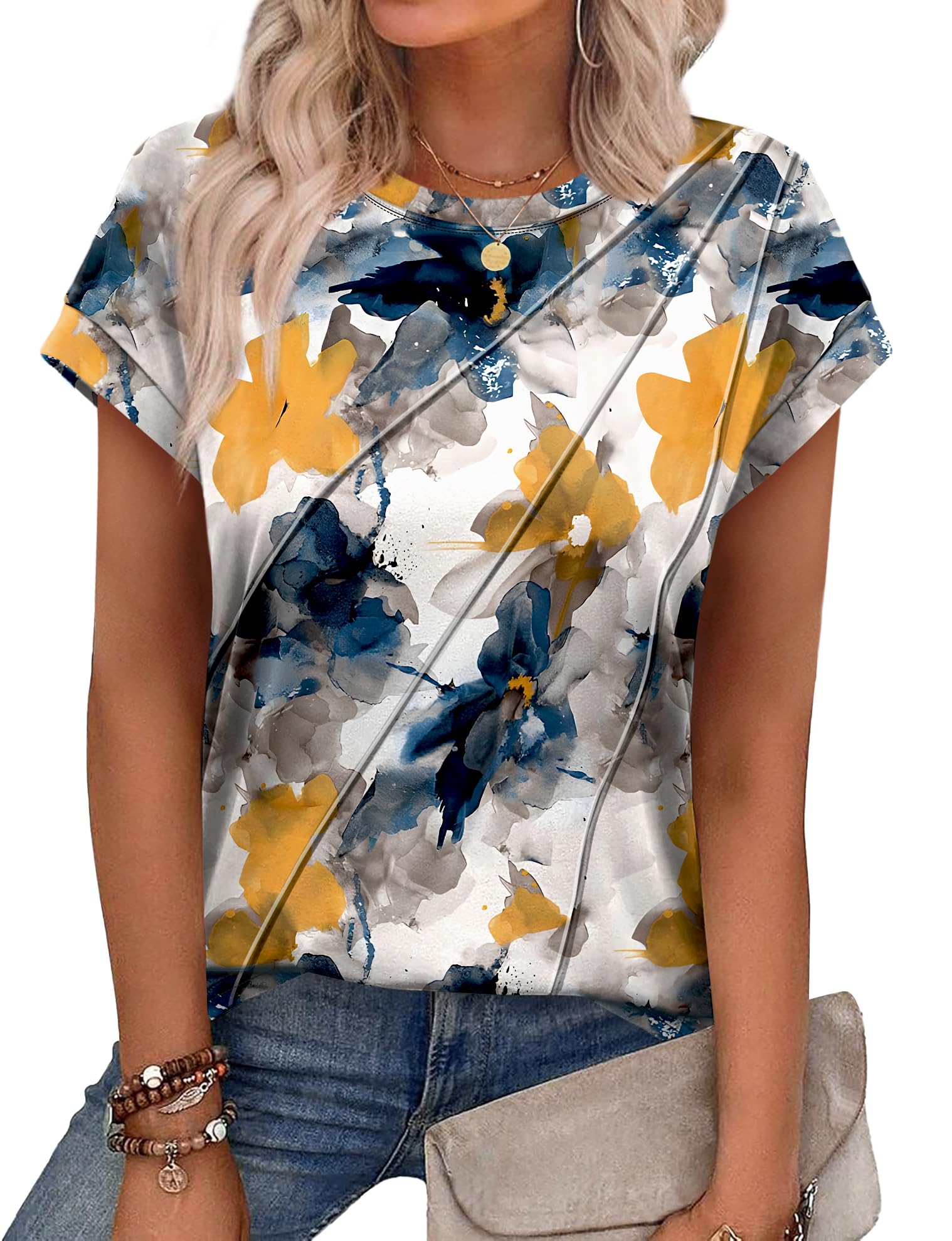 WEESO Womens Tops Summer Cap Sleeve Pleated Crewneck T Shirts Loose Fit Dressy Casual Basic Tees Trendy Outfits