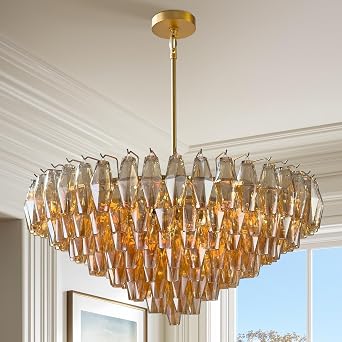 37" Crystal Chandelier, Crystal Chandelier with 12 E12 Lights, Faceted Glass Prism Pendant Lighting, Tungsten Filament Incandescent Bulbs Included, Perfect for Living Room, Dining Room, Gold